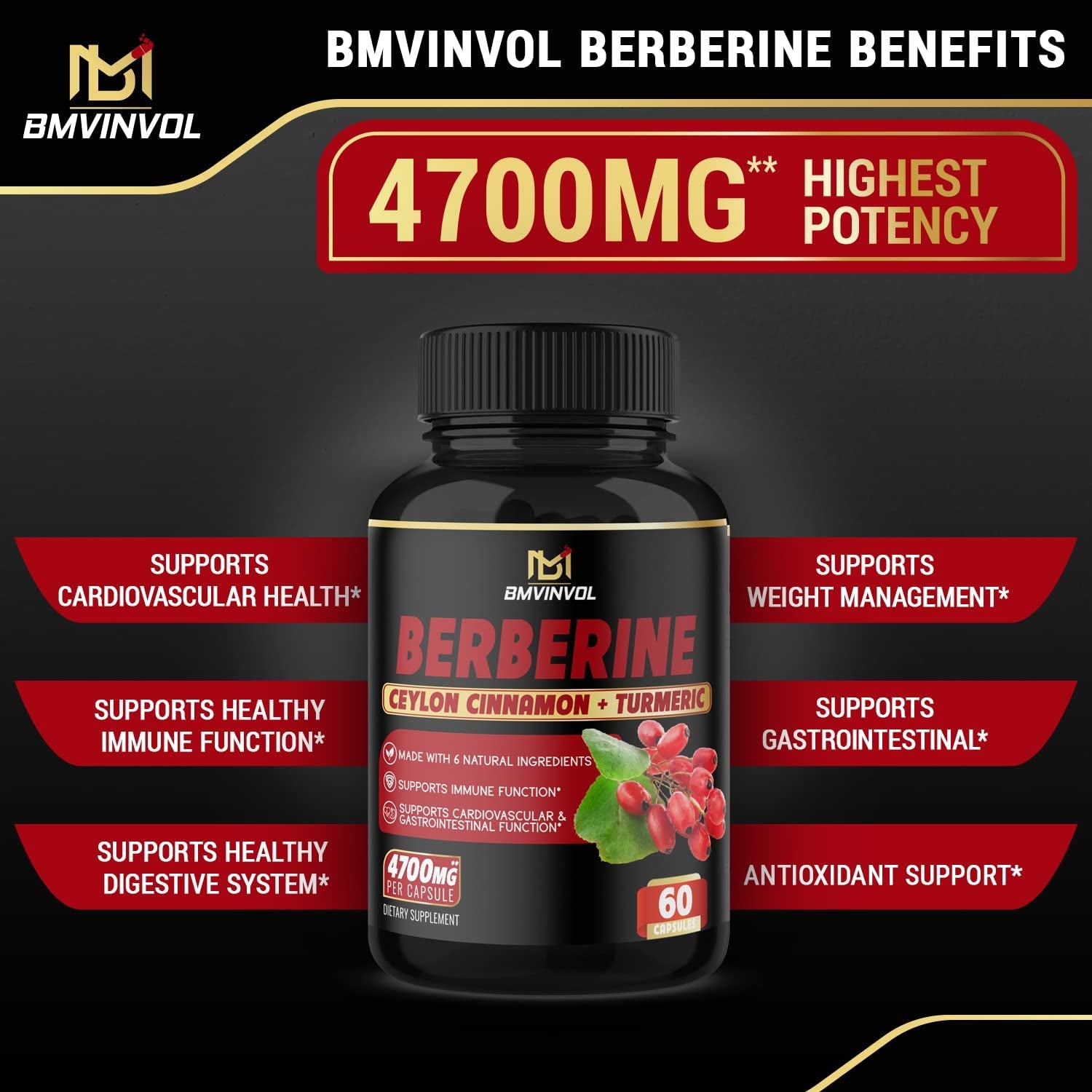 (2 Packs) Berberine Supplement 4700Mg with Ceylon Cinnamon, Turmeric -120 Capsules - Supports Glucose Metabolism, Immune Function, Healthy Blood Sugar - Berberine Hcl Supplement Pills- 4 Months Supply